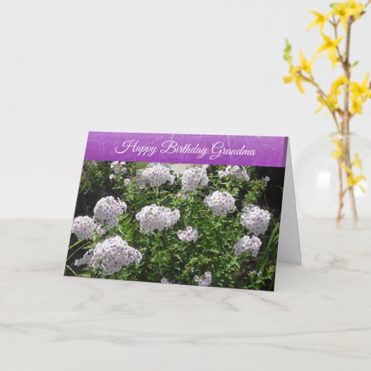 Happy Birthday Grandma White en Purple Flowers Kaart (Gele Bloem)