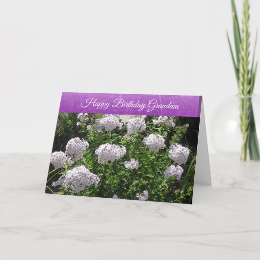 Happy Birthday Grandma White en Purple Flowers Kaart (Voorkant)