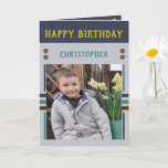 Happy Birthday Grandson best day foto name grey Kaart<br><div class="desc">Greeting card for your Grandson.
Add two foto's,  name and message.
Designed in green,  yellow,  grey,  with stripes and dots.
Best kid ever.</div>