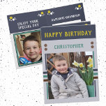Happy Birthday Grandson best day foto name grey Kaart<br><div class="desc">Greeting card for your Grandson.
Add two foto's,  name and message.
Designed in green,  yellow,  grey,  with stripes and dots.
Best kid ever.</div>