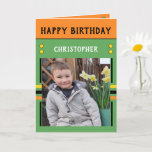 Happy Birthday Grandson beste dag foto naam groen Kaart<br><div class="desc">Wenskaart voor je kleinzoon.
Voeg twee foto's,  naam en bericht toe.
Ontworpen in groen,  oranje,  geel,  met strepen en stippen.
Beste kind ooit.</div>