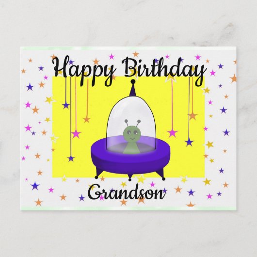Happy Birthday, Grandson, Cute Space Alien Briefkaart (Voorkant)