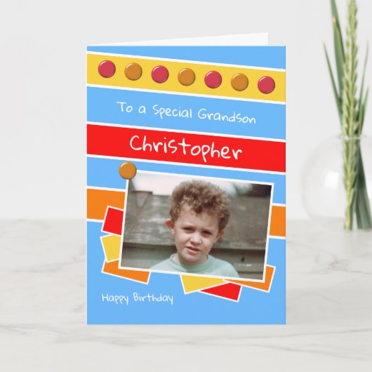 Happy Birthday Grandson red blue yellow foto Kaart (Voorkant)