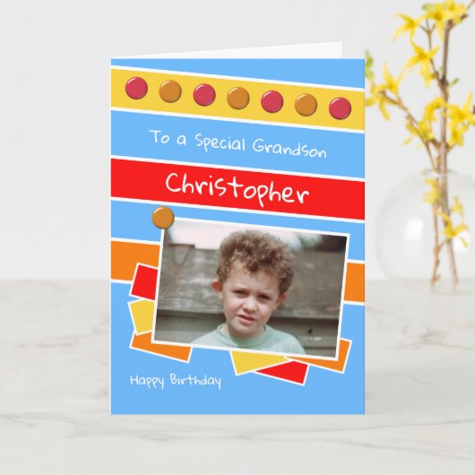 Happy Birthday Grandson red blue yellow foto Kaart (Gele Bloem)