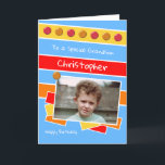 Happy Birthday Grandson red blue yellow foto Kaart<br><div class="desc">Personaliseer deze Birthday Kaart voor je kleinzoon Ontworpen in rood,  blauw,  geel,  oranje Voeg zijn naam Happy Birthday toe aan een speciale kleinzoon die een geweldige dag heeft</div>