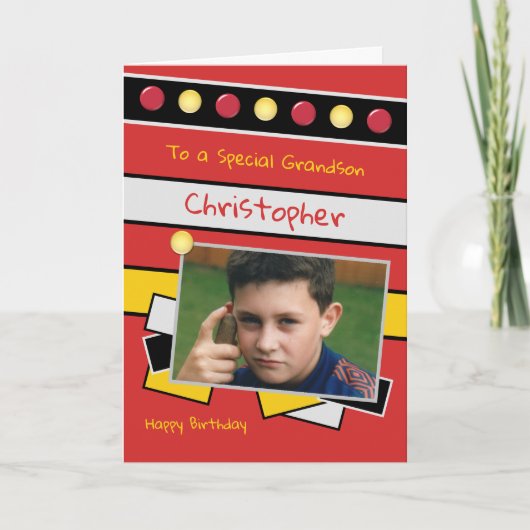 Happy Birthday Grandson red en zwarte foto Kaart (Voorkant)