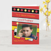 Happy Birthday Grandson red en zwarte foto Kaart (Gele Bloem)