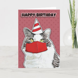 Happy Birthday Grappig Kat in Rode Coronavirus Fac Feestdagen Kaart