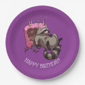 Happy Birthday Greedy Raccoon Cake Cartoon Papieren Bordje (Voorkant)