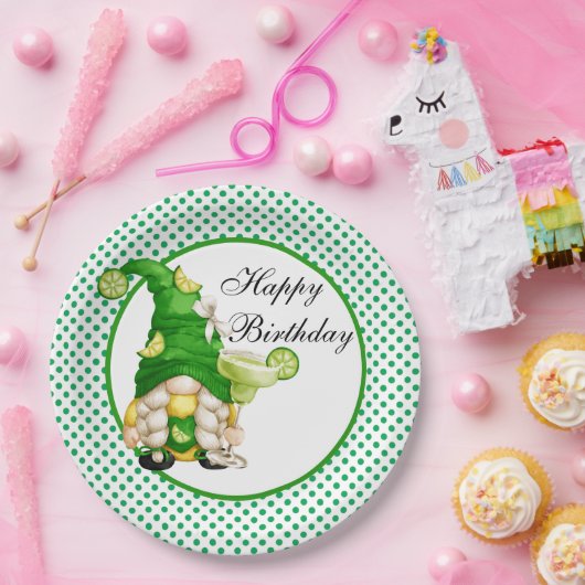 Happy Birthday Green Margarita Gnome Papieren Bordje (Feest)
