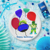 Happy Birthday Green Robot Boy Blue Spaceship Papieren Bordje (Feest)