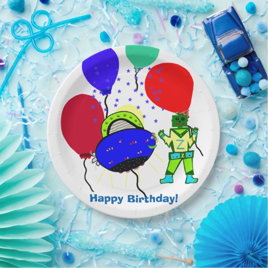 Happy Birthday Green Robot Boy Blue Spaceship Papieren Bordje (Feest)