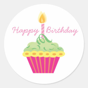 Happy Birthday Green Yellow and Pink Cupcake Ronde Sticker
