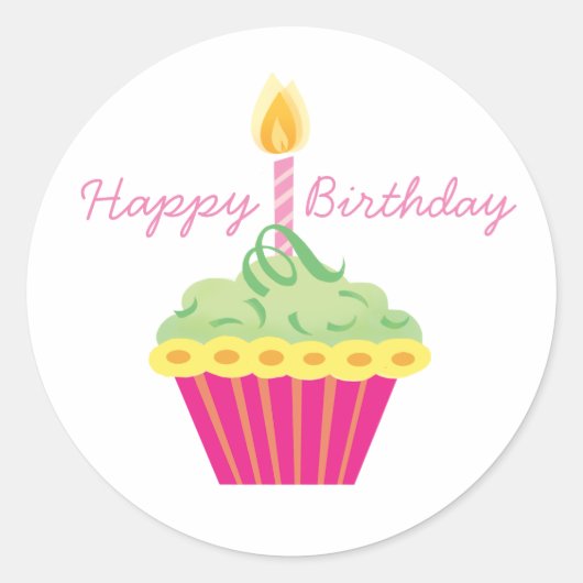 Happy Birthday Green Yellow and Pink Cupcake Ronde Sticker (Voorkant)