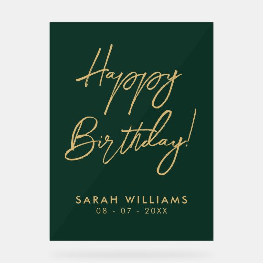 Happy Birthday Groen Goud Modern Script Acryl Bord (Voorkant)