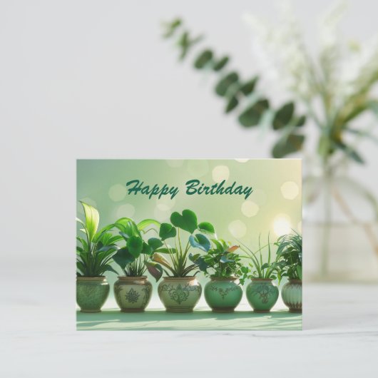 Happy Birthday Groene kamerplanten in de potten Briefkaart (Staand voorkant)