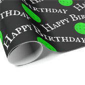 Happy Birthday Groene Pickleballs op zwart Cadeaupapier (Rol Hoek)
