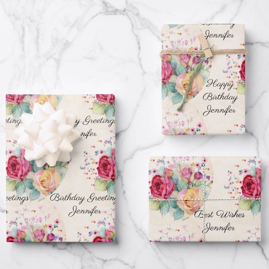 Happy Birthday Groeten Spray van Rozen 3 Inpakpapier Vel