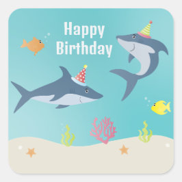 Happy Birthday Grote witte haai Cartoon Vierkante Sticker