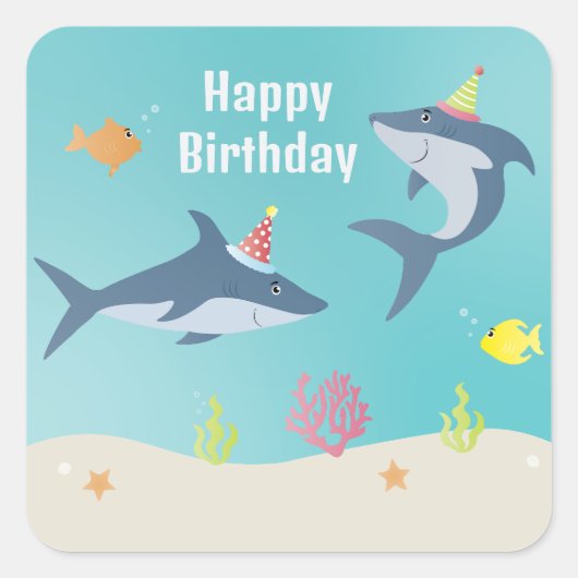 Happy Birthday Grote witte haai Cartoon Vierkante Sticker (Voorkant)