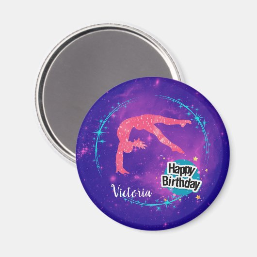 Happy Birthday Gymnastics Galaxy Tumbling Magneet (Voorkant / Achterkant)