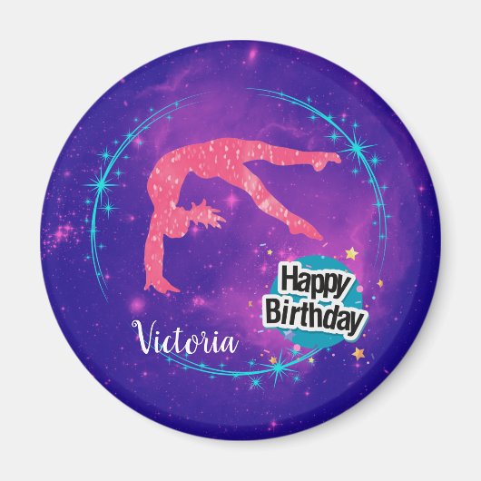 Happy Birthday Gymnastics Galaxy Tumbling Magneet (Voorkant)