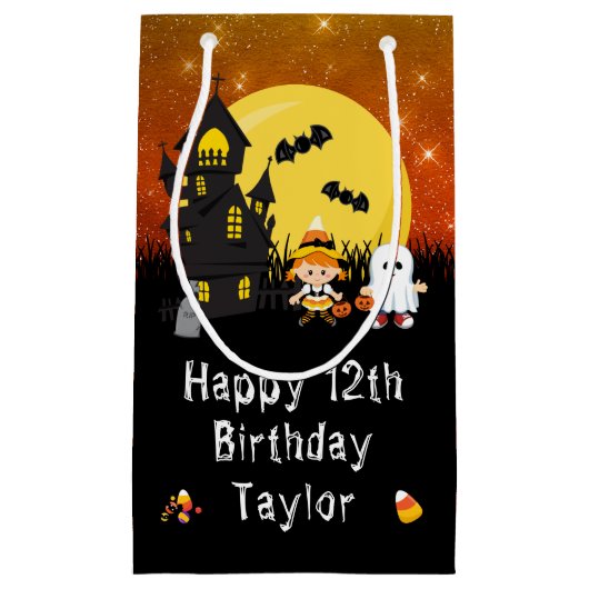 Happy Birthday Halloween Ghost Sinaasappel Klein Cadeauzakje (Voorkant)