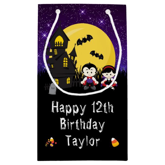 Happy Birthday Halloween Vampires Paars Klein Cadeauzakje (Achterkant)