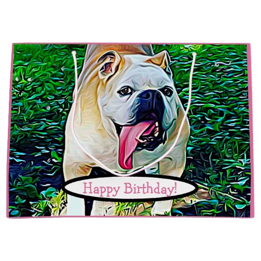 Happy Birthday handbeige bulldog roze tong Groot Cadeauzakje (Voorkant)