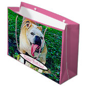 Happy Birthday handbeige bulldog roze tong Groot Cadeauzakje (Voorkant Gekanteld)