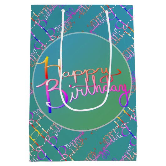 "Happy Birthday" Handgeschreven Blauwgroen cadeaut Medium Cadeauzakje (Achterkant)