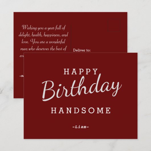Happy Birthday Handsome Maroon Birthday Briefkaart (Voorkant / Achterkant)