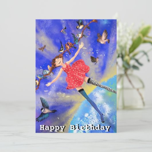 Happy Birthday - Happy Girl met vogels (Staand voorkant)
