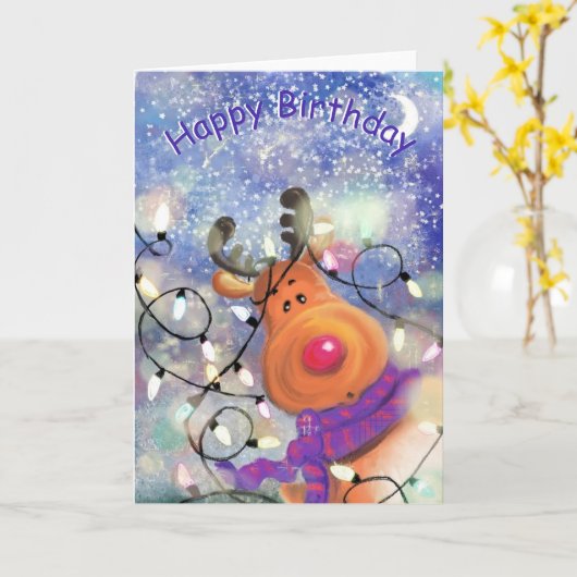 Happy Birthday - Happy Reindeer - Fun Kaart (Gele Bloem)
