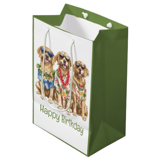 Happy Birthday Hawaiian Golden Retriever Dogs Medium Cadeauzakje (Voorkant Gekanteld)