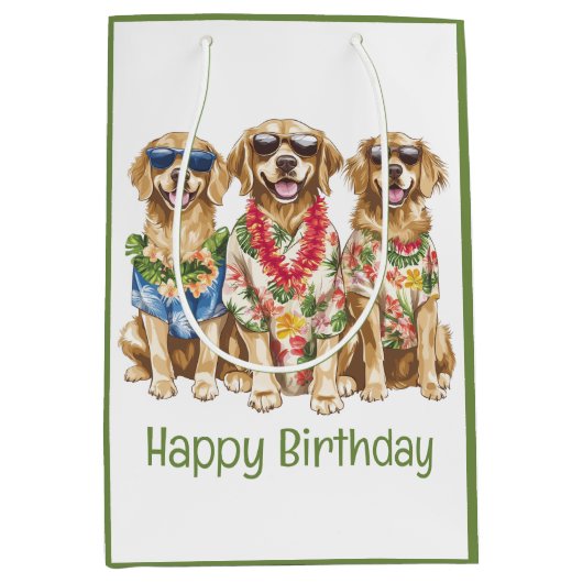 Happy Birthday Hawaiian Golden Retriever Dogs Medium Cadeauzakje (Voorkant)