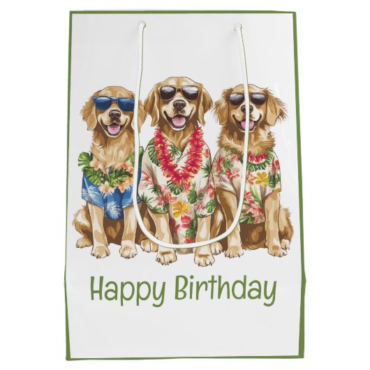 Happy Birthday Hawaiian Golden Retriever Dogs Medium Cadeauzakje (Achterkant)