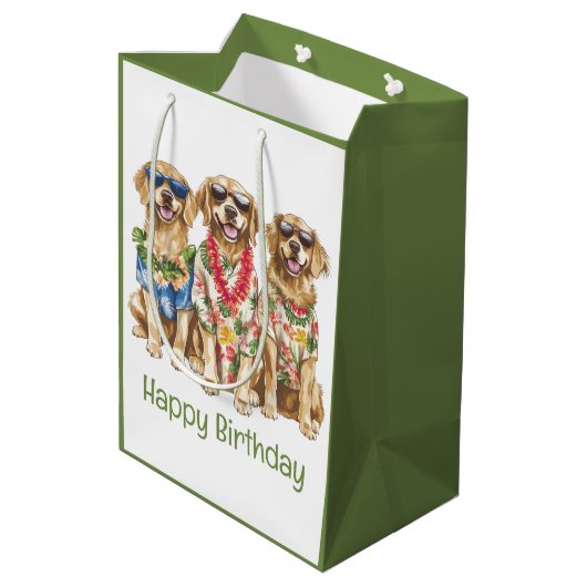 Happy Birthday Hawaiian Golden Retriever Dogs Medium Cadeauzakje (Achterkant Gekanteld)