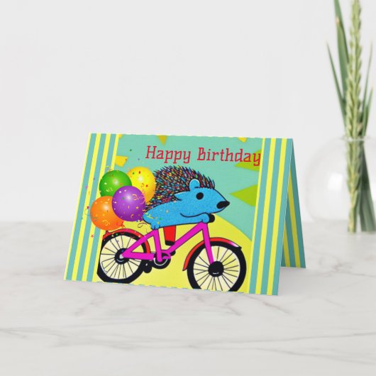 Happy Birthday Hedgel Riding Bicycle Balloons Bedankkaart (Voorkant)