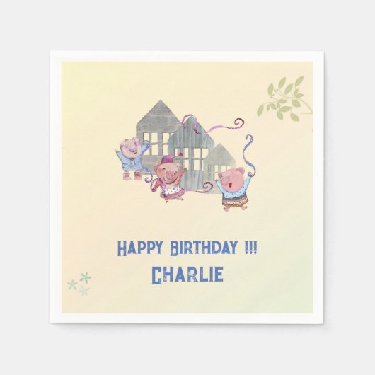 Happy Birthday heeft drie biggetjes gepersonalisee Servet (Voorkant)