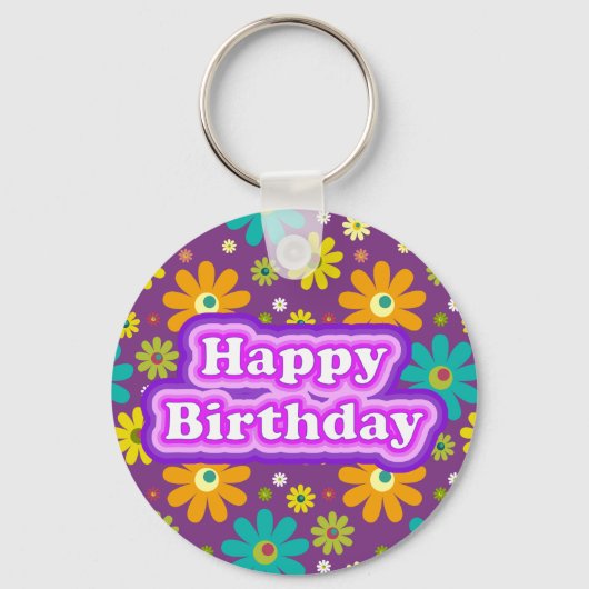 Happy Birthday Hippie Flowers Sleutelhanger (Voorkant)