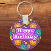 Happy Birthday Hippie Flowers Sleutelhanger (Voorkant)
