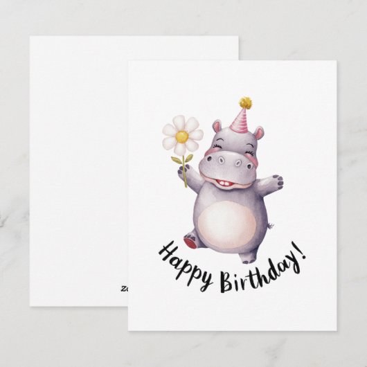 Happy Birthday Hippo met Daisy en Party Pet Feestdagenkaart (Voorkant / Achterkant)