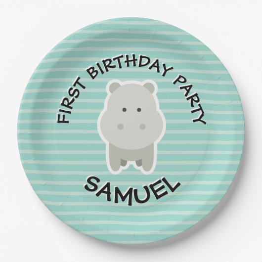 Happy Birthday Hippo Party Animals Papieren Bordje (Voorkant)