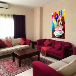 Happy Birthday, hond en cake | AI Art Poster