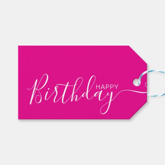 Happy Birthday Hot Pink White Modern Cadeaulabel (Voorkant (Horizontaal))