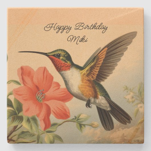 Happy Birthday Hummingbird Stone Onderzetter (Voorkant)