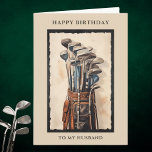 Happy Birthday Husband Golftas Verjaardag Kaart<br><div class="desc">Gelukkige verjaardagskaart voor een golfliefhebber. Happy Birthday To My Husband groet op de voorkant gecentreerd boven en onder een waterverf afbeelding van een bruine leren golftas met golfclubs. Een neutrale beige waterverf achtergrond en zwarte rand versterken de illustratie. Stevige achtergrond in kleur om illustratie binnen links te matchen. begroetingen binnen...</div>