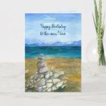 Happy Birthday Husband Lake Zen Rocks Kaart<br><div class="desc">A "Happy Birthday to the man I love" greeting card decorated with a mountain lake with zen rocks stacked on the beach painted in watercolor. Inspired by a early spring scene from Lake Tahoe south shore.  You can edit the message to fit your needs.</div>