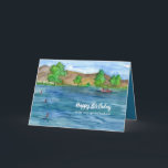 Happy Birthday Husband Mountain Lake Gevist Kaart<br><div class="desc">Een wenskaart van een gelukkige verjaardagsman versierd met mensen in een bootje vissen op een woestijnbergmeer met kalm blauw water en lucht geïllustreerd met inkt en waterverf. U kunt de tekst en de binnenkleur aanpassen aan uw behoeften.</div>